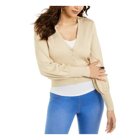 THALIA SODI Womens Gold Metallic Rhinestone-button Long Sleeve V Neck Sweater XL