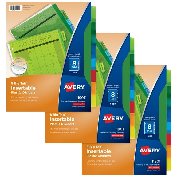 Avery 8-Tab Plastic Dividers, Big Tab, 3 Sets (71901)