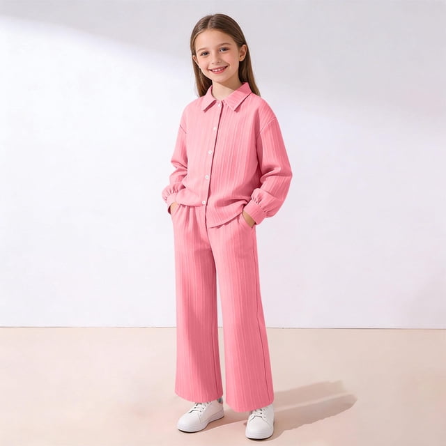 EGNMCR Long Sleeve Turndown Collar Set Children's Solid Color Long Sleeve Turn-Down Collar Button-Up Top With Elastic Waist And Pockets And Pants Set Girl polyester set