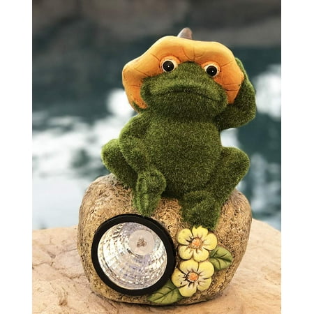 Ebros Large Whimsical Frog with Lily Flower Hat On Rock Garden Statue with Solar LED Light in Flocked Artificial Moss Grass Finish Resin Sculpture Guest Greeter Home Decor Outdoors Patio Flower