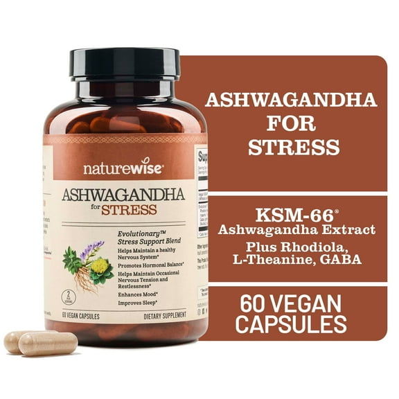 NatureWise Ashwagandha for Stress   GABA & L-Theanine - 60 Capsules[30-Day Supply]