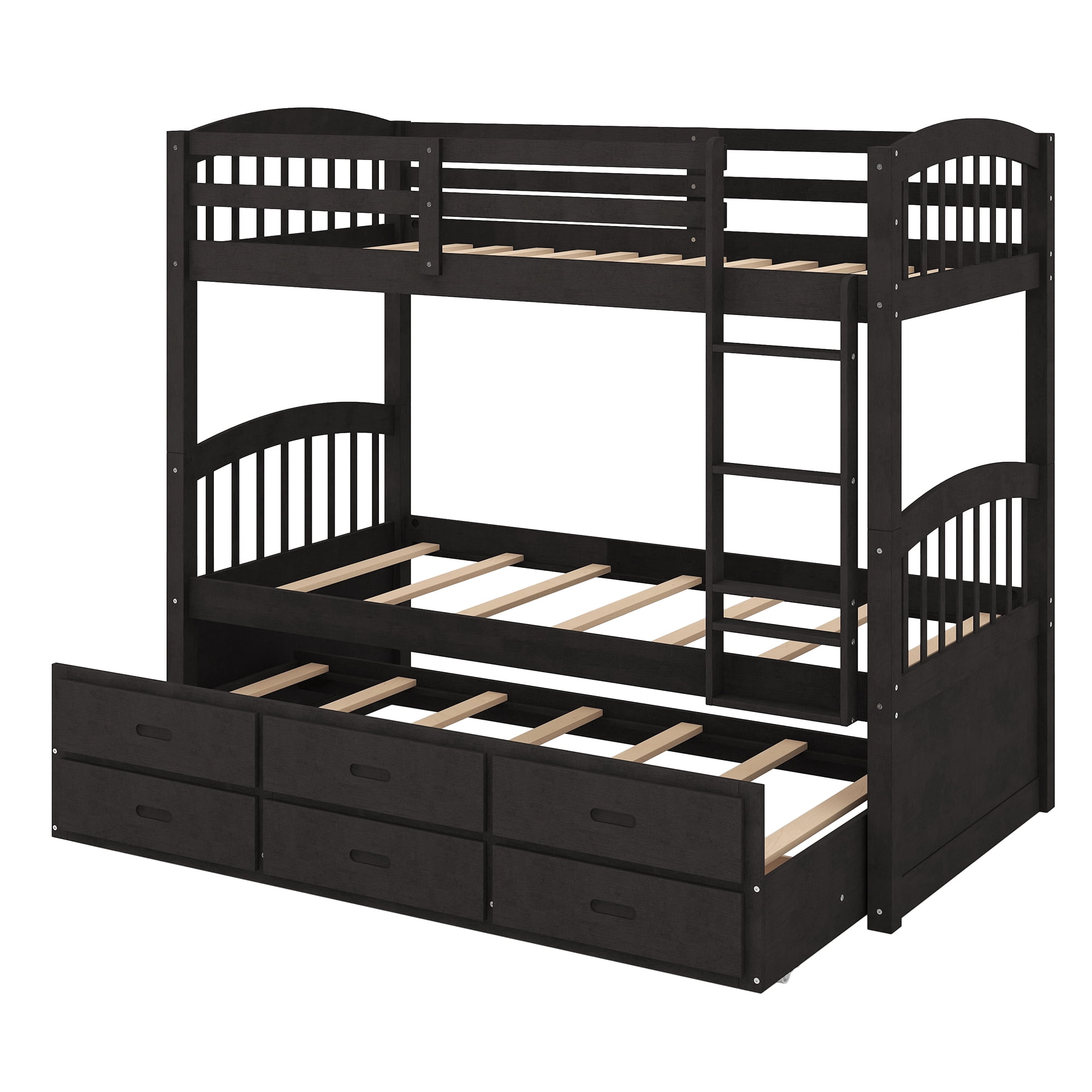 Euroco Twin Over Twin Wood Bunk Bed with Trundle and Drawers for Bedroom for Kids Teens, Dark Brown