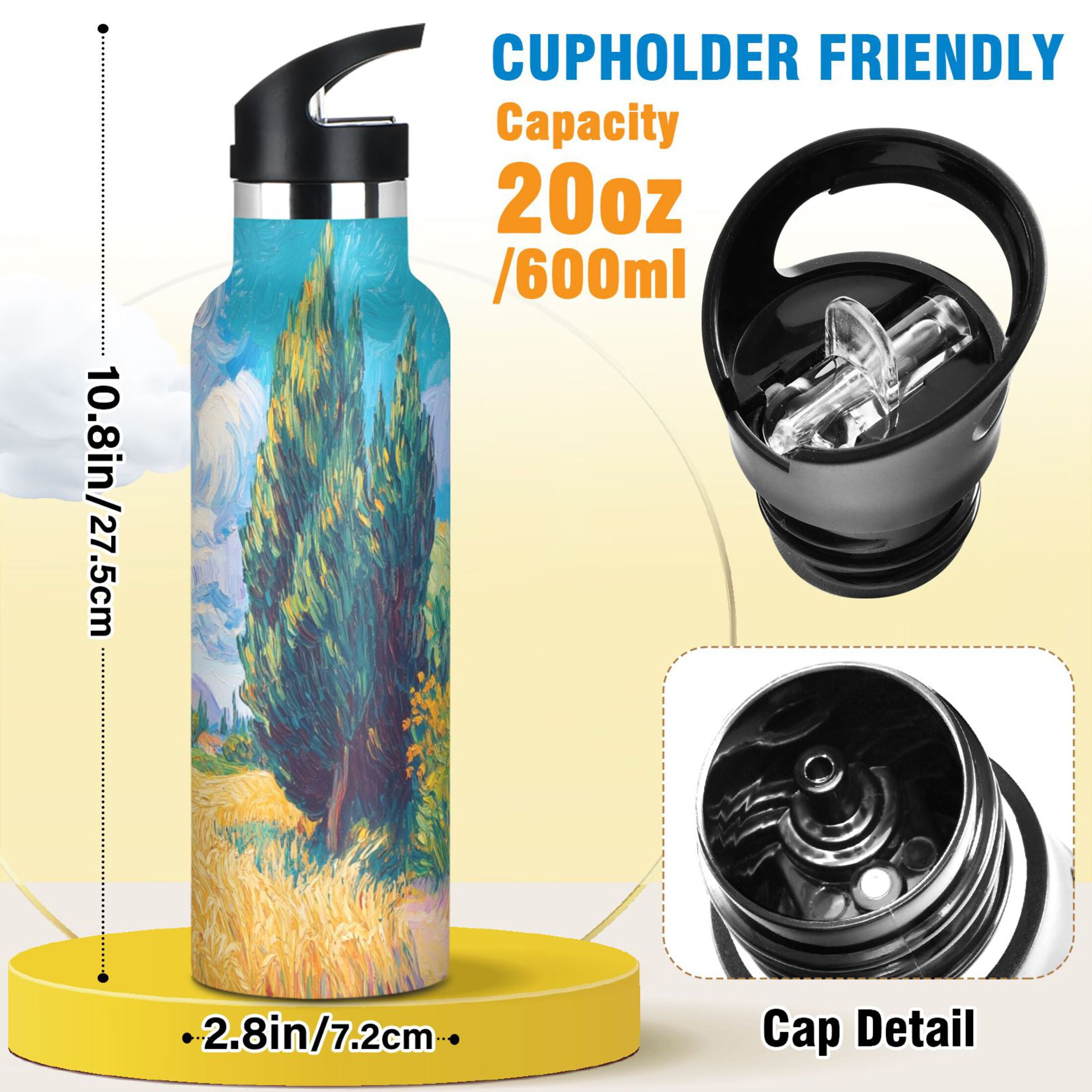 600ML Stainless Steel Insulated Cup Sports Water Bottle Portable Thermos Cup Water Glasses Insulated Tumblers Convenient and Durable Wheat Field