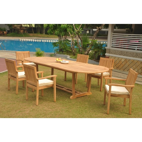 Grade-A Teak Dining Set: 6 Seater 7 Pc: 118" Double Extension Mas Oval Trestle Leg Table And 6 Leveb Stacking Arm Chairs WholesaleTeak #WMDSWVm