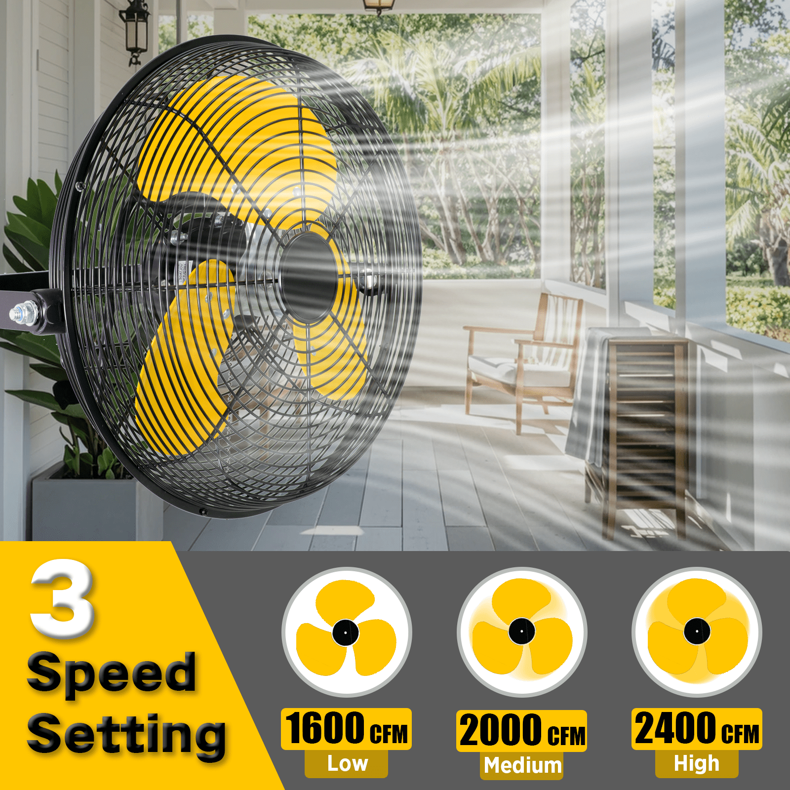 12 Inch High Velocity Industrial Wall Fan - 2400 CFM - 3 Speed - Industrial, Commercial Use - UL Safety Listed, 6 FT Cord