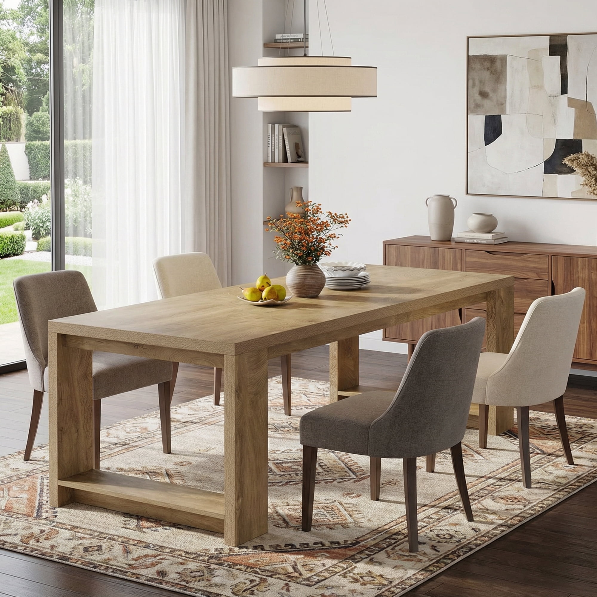 86 Inch Farmhouse Dining Table, Rustic Large Kitchen Table For 8-10 People, Solid MDF Dinner Table With Oak Finish, Versatile Table For Home & Office Gatherings