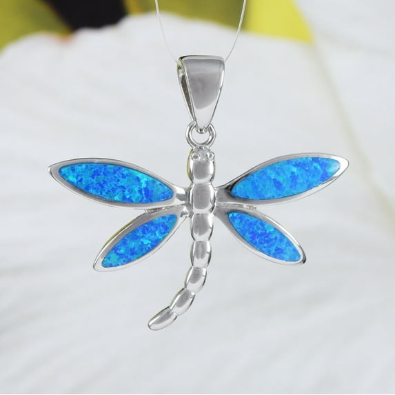 Stunning Hawaiian Large Blue Opal Dragonfly Necklace, Sterling Silver Opal Dragonfly Pendant N6147 Birthday Valentine Mom Gift, Statement PC
