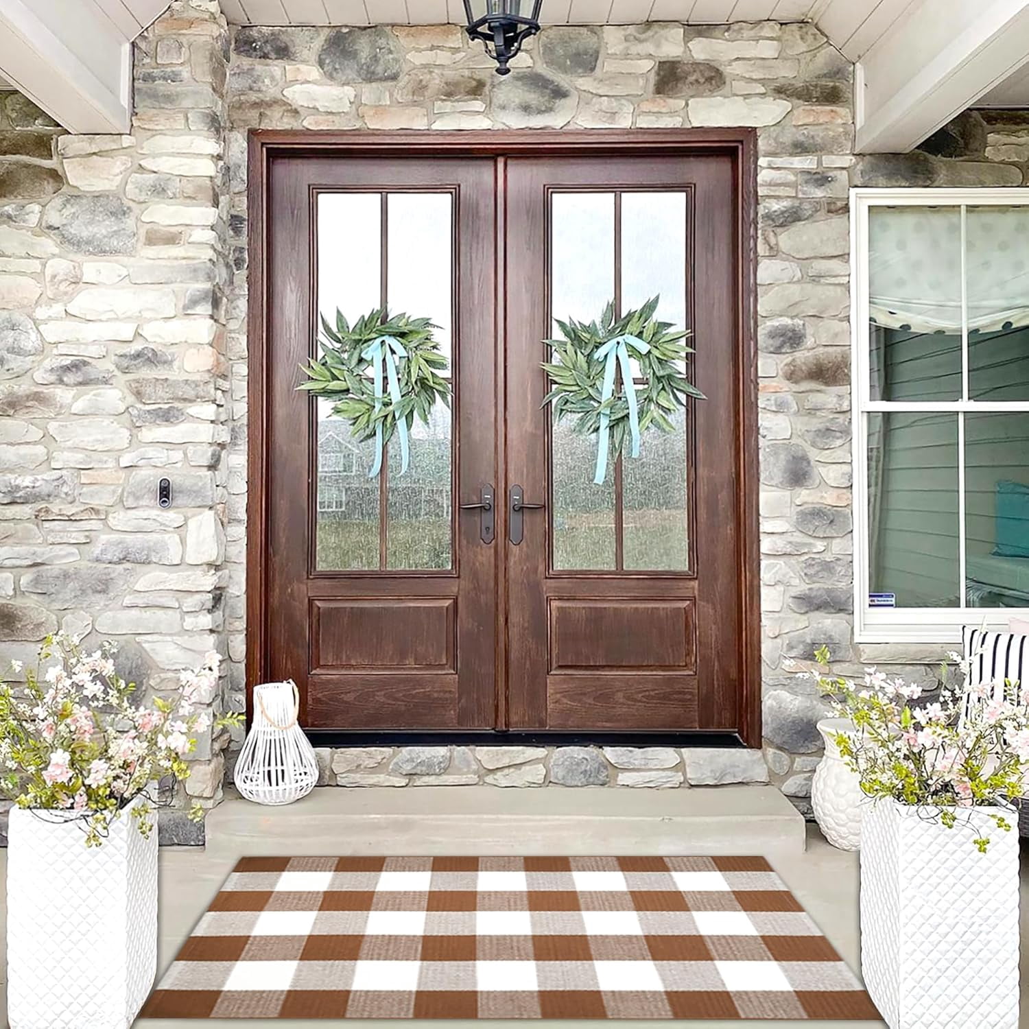 OMA Coffee and White Plaid Rug,28" x 43" Outdoor Front Porch Door Decor Mat, Washable Cotton Woven Farmhouse Area Rug for Layered Door Mats Carpet, Entryway, Easter Décor