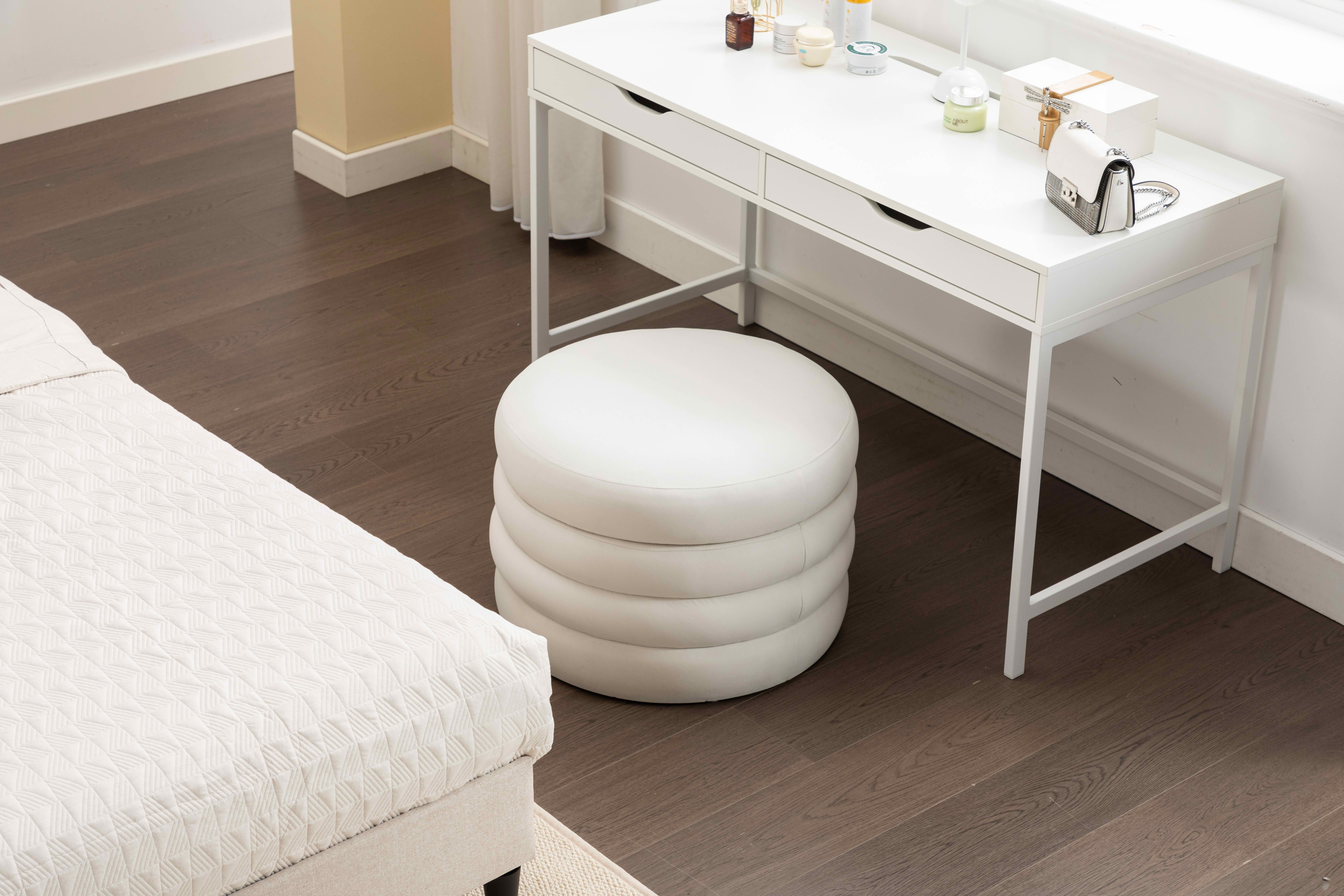 MAYEERTY Velvet Fabric Storage Round Ottoman Footrest Stool, with Wooden Shelving, Ivory