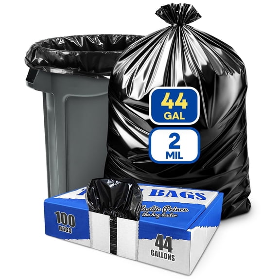 (100 Pack) 44 Gallon Black Trash Bags, 2 Mil, Heavy Duty, Fit Rubbermaid Brute Rollout, Round 32-44 gal Trash Cans, 38" x 46" Trash Can Liners