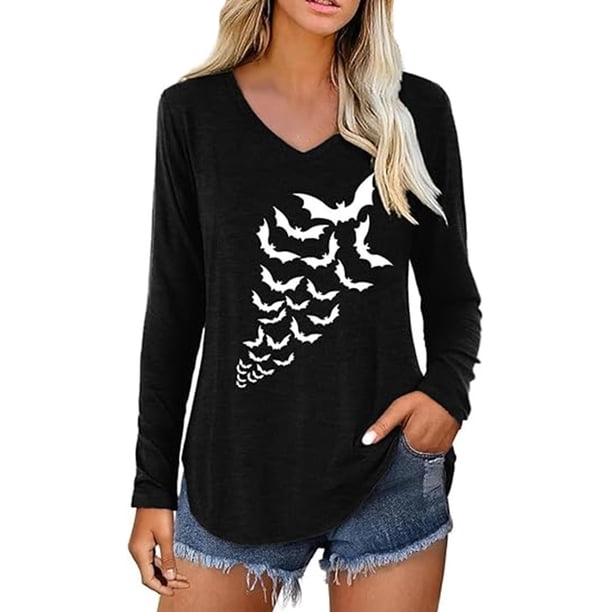 MHFRRA Una Blusa de Manga Larga con Cuello En V, Moderna e Informal, con Estampado de Letras para Mujer. Negro
