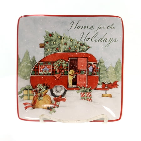 Tabletop HOME FOR CHRISTMAS CANAPE PLATE Ceramic Puppy Dog Tree 22791 Camper