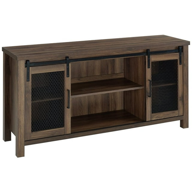 58" Industrial TV Stand with Sliding Mesh Door - Dark Walnut