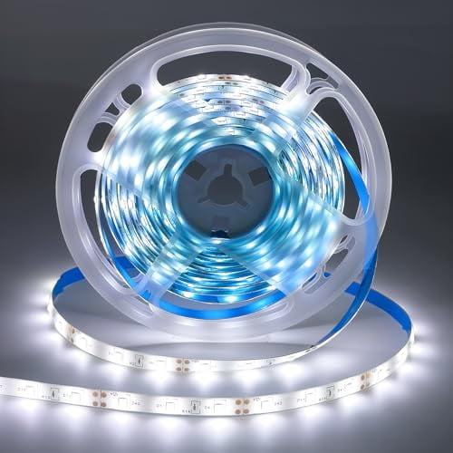 iNextStation 12V LED Light Strip White, 16.4ft/5m LED Strip 6000K IP65 Waterproof Cuttable SMD2835 300LEDs Tape Flexible Led Lights for Bedroom Cabinet Kitchen Decor (Power Adapter not Included)