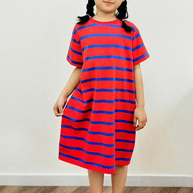 Robe pour Enfants Robe d'Été pour Filles Robe pour Enfants Tricotée à Rayures à Manches Courtes Chemise de Nuit Robe pour Filles