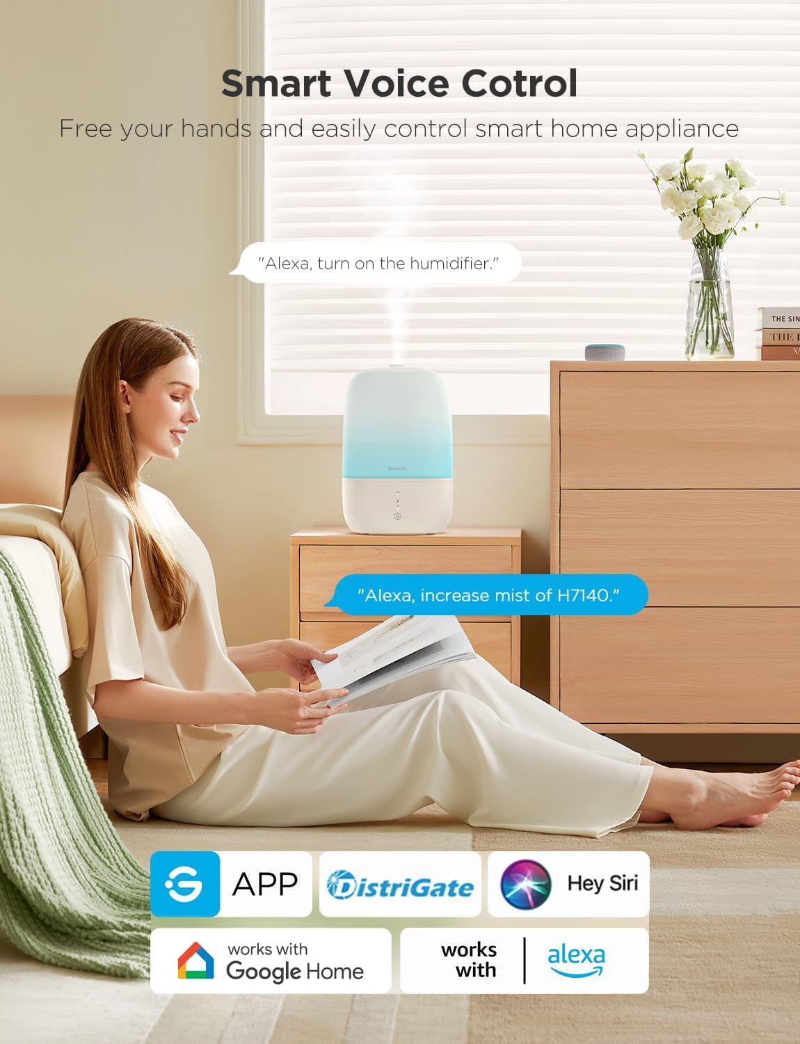 Smart Humidifiers for Bedroom, 3L Top Fill Cool Mist Humidifiers with Essential Oil Diffuser, Humidity Control, WiFi Air Humidifier with Night Light, for Baby, Plants, Home, Work with Alexa