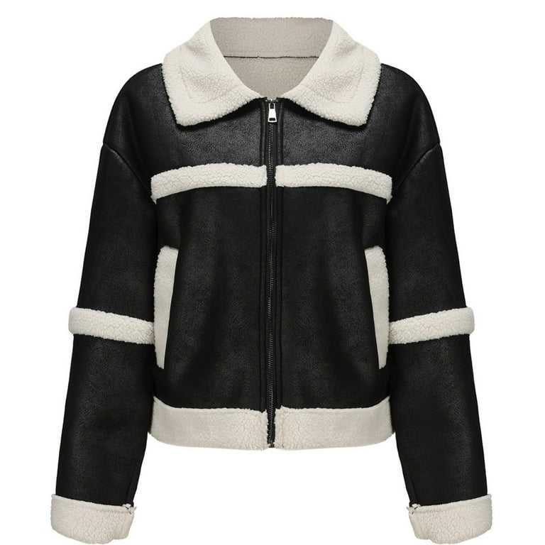 Women Cropped Sherpa Moto Jacket Lapel Faux Leather Coat Women Cropped Sherpa Moto Jacket Lapel Faux Leather Coat