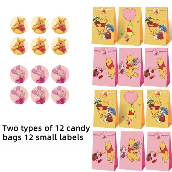 12 PCS Winnie Kraft Paper Goodie Bag Small Gift Bags for Winnie Party Supplies,Kids Birthday Game Party Kraft Paper Goodie Gift Bag Decorations