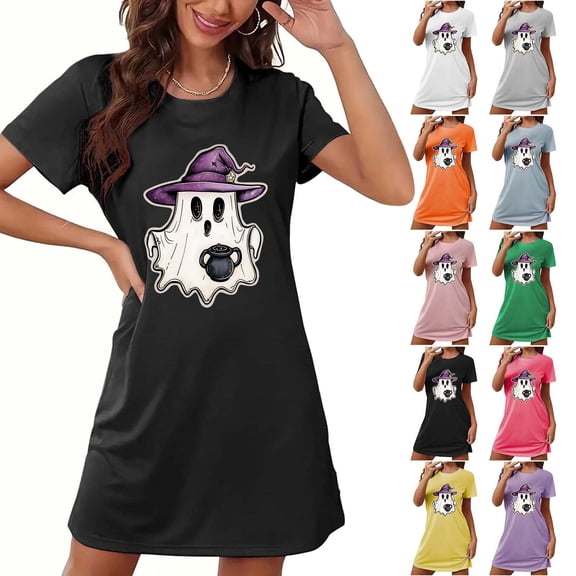 Ounisa Women's Pajamas Short Sleeve Halloween Ghost Printed Crewneck Nightdress Casual Loose Comfort Fashion Sleepwear