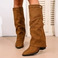 thumbnail image 2 of Brown Women'S Long Boots With Mid-Heel And Knee-High Design For Casual Winter Outfits Flock Material Comfort Fit, 2 of 9