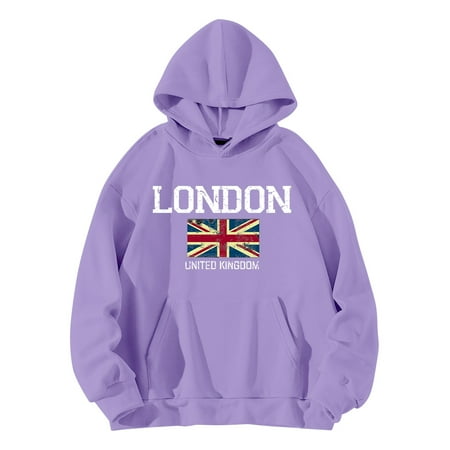 Purple Sweatshirt for Women Long Sleeved LONDON UNITED Letter Printed Hoodie Hoodie Hoodie