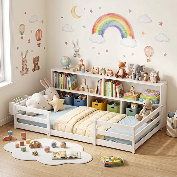 Guqiart Twin Montessori Floor Bed for Toddlers, Wooden Kids Bed with Book Rack Storage, Safety Guardrails & Bedside Shelves, 2-in-1 Toddler Bed Frame, White