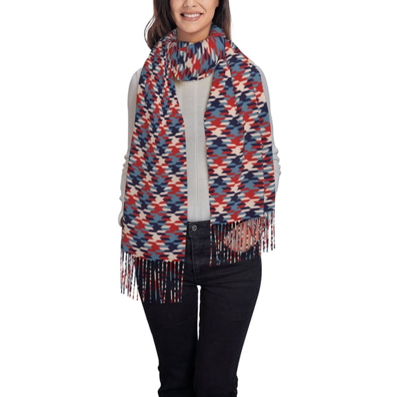 Honeii Red Blue Checked Print Scarf Oversized Scarf Tassel Fall Winter Thick Scarf Warm Shawl Women,Women's Scarves & Wraps