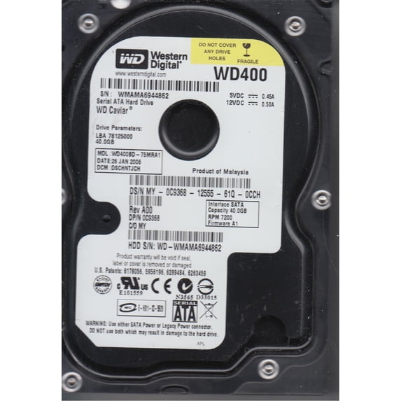 WD400BD-75MRA1, DCM DSCHNTJCH, Western Digital 40GB SATA 3.5 Hard Drive