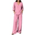 thumbnail image 2 of sdhkgrrt Women's Plus Size 2 Piece Pajama Outfit Striped V Neck 3/4 Sleeve Blouse Wide Leg Pants Casual Boho Lounge Set Loose Matching Travel Daily Tracksuits, Pink 3XL, 2 of 6
