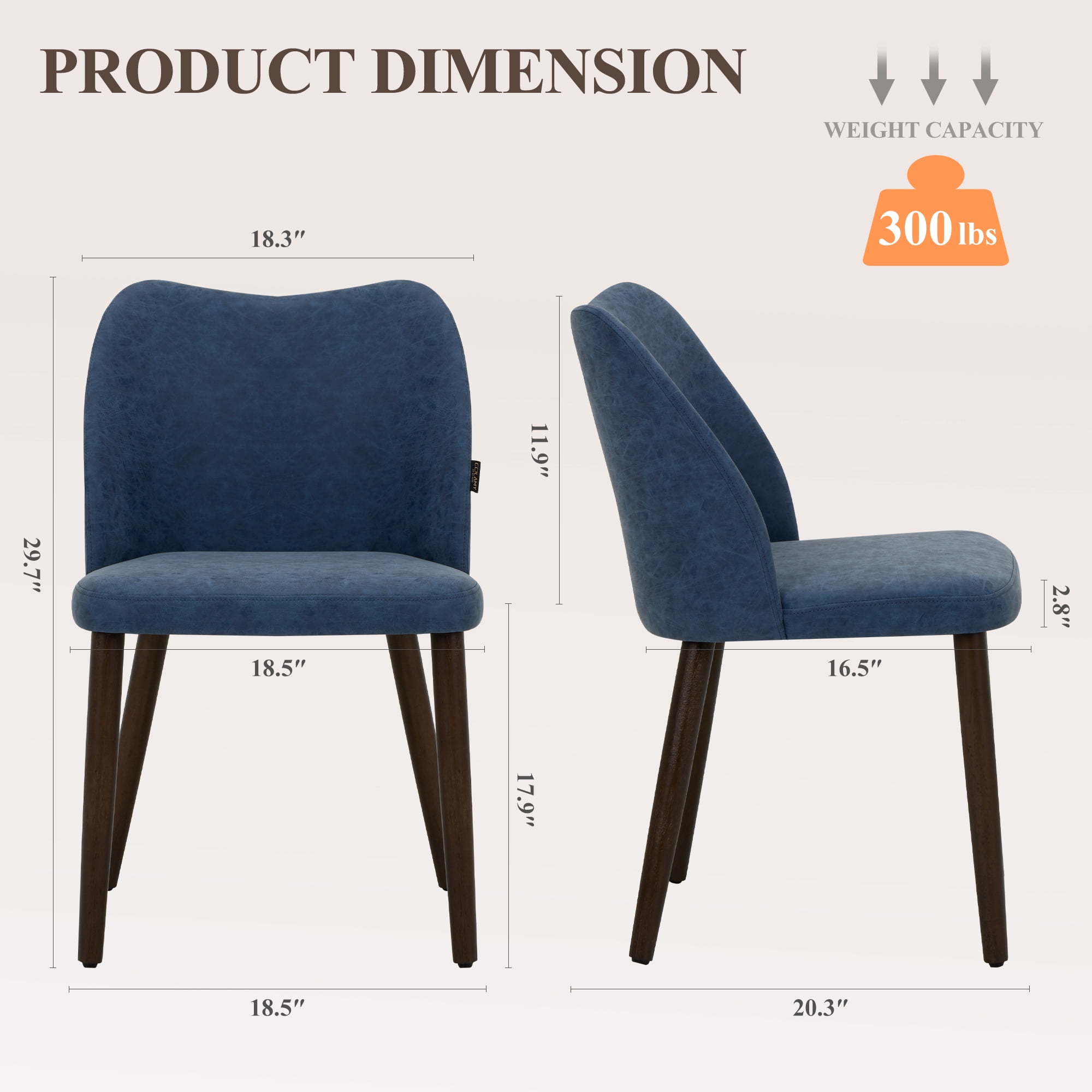 AFO PU Modern Dining Chairs with Wooden Legs, Upholstered Kitchen Side Chairs for Dining Room, Restaurant and Café, Set of 4, Blue