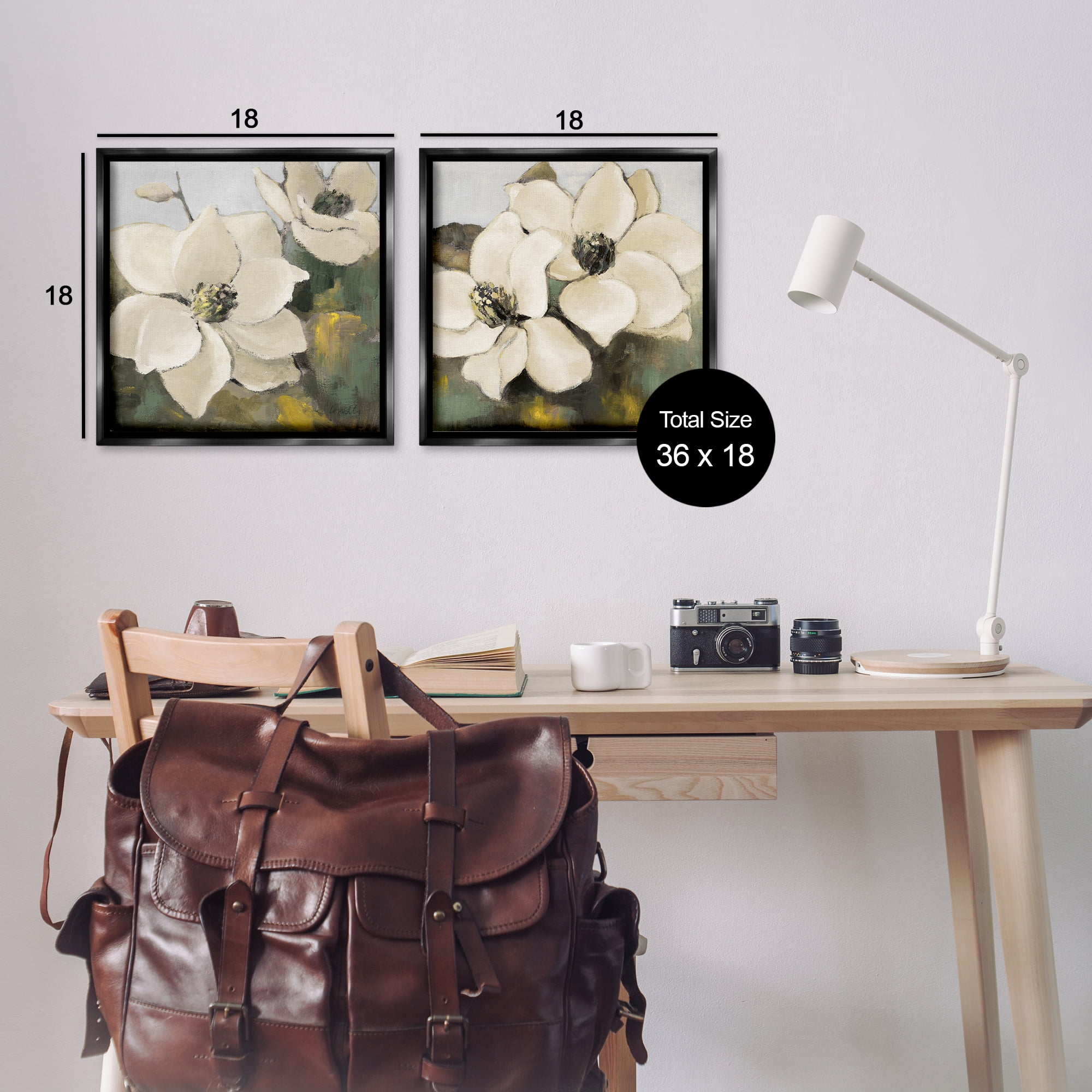 Stupell Industries Blooming Magnolia Blossom Plants & Flowers Painting Black Floater Framed Canvas Art Print Wall Art, 18 x 18, Set of 2