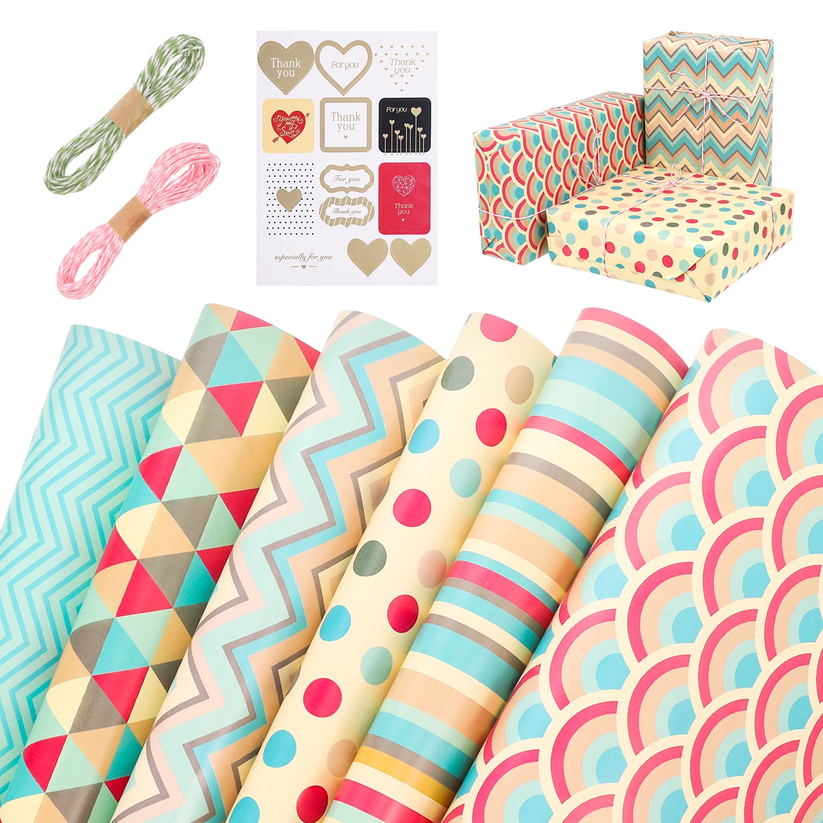 HEQUSIGNS 6 Sheets Multi-Color Birthday Wrapping Paper for Girls Boys, 19.7' x 27.6' Gift Wrapping Paper with 10m Ribbon for Party Baby Shower Wedding