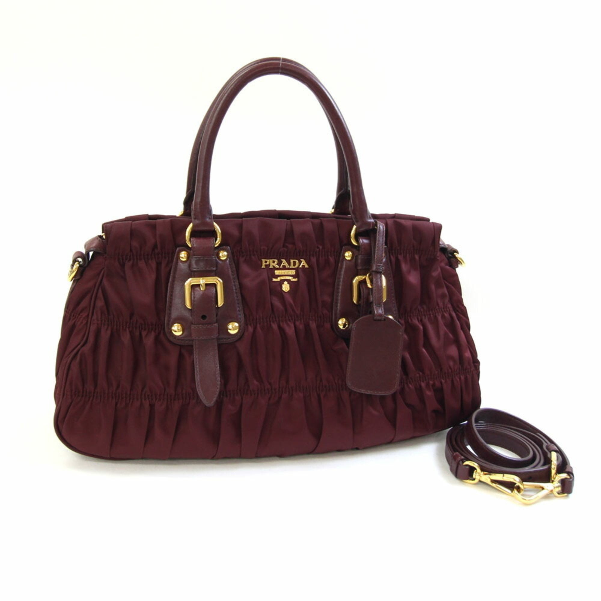 バッグ PRADA Gather Leather Shoulder Bag BN1407 Pre-Owned Prada Handbag BN1407 Bordeaux Nylon and Leather Shoulder