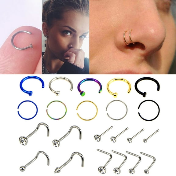 Walbest 22Pcs/Set Mix Shape Stainless Steel Nose Rings for Women Men Nose Studs Nose Rings Hoop Nose Rings Set Nose Piercing Jewelry