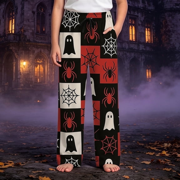 Boys Halloween Pj Pants Casual Elastic Waist Drawstring Trousers Loose Straight Fit Kids Bottoms Halloween Themed Graphic Pants for Holiday Party Trick or Treat and Daily Lounging Wear