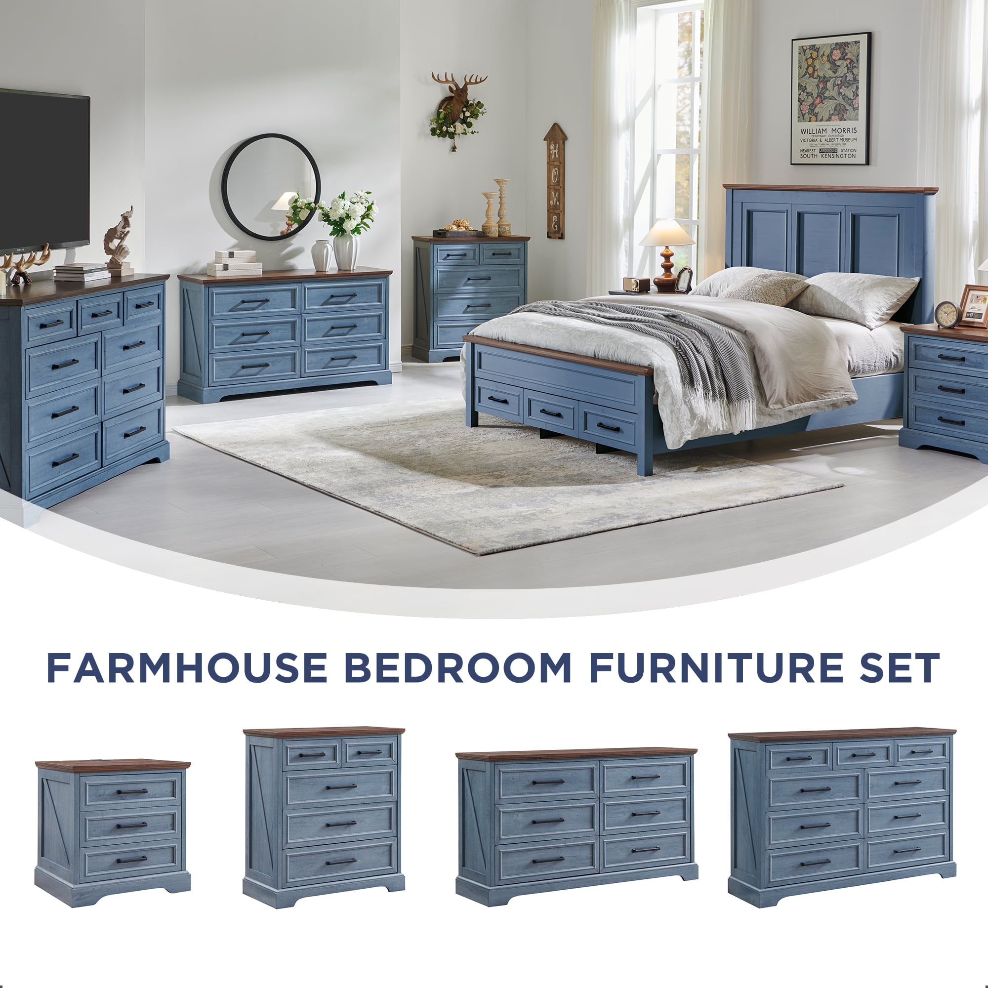 ACCOHOHO 3 Drawer Nightstand Set of 2 with Charging Station - Farmhouse End Tables, Rustic Side Tables for Bedroom & Living Room, Blue