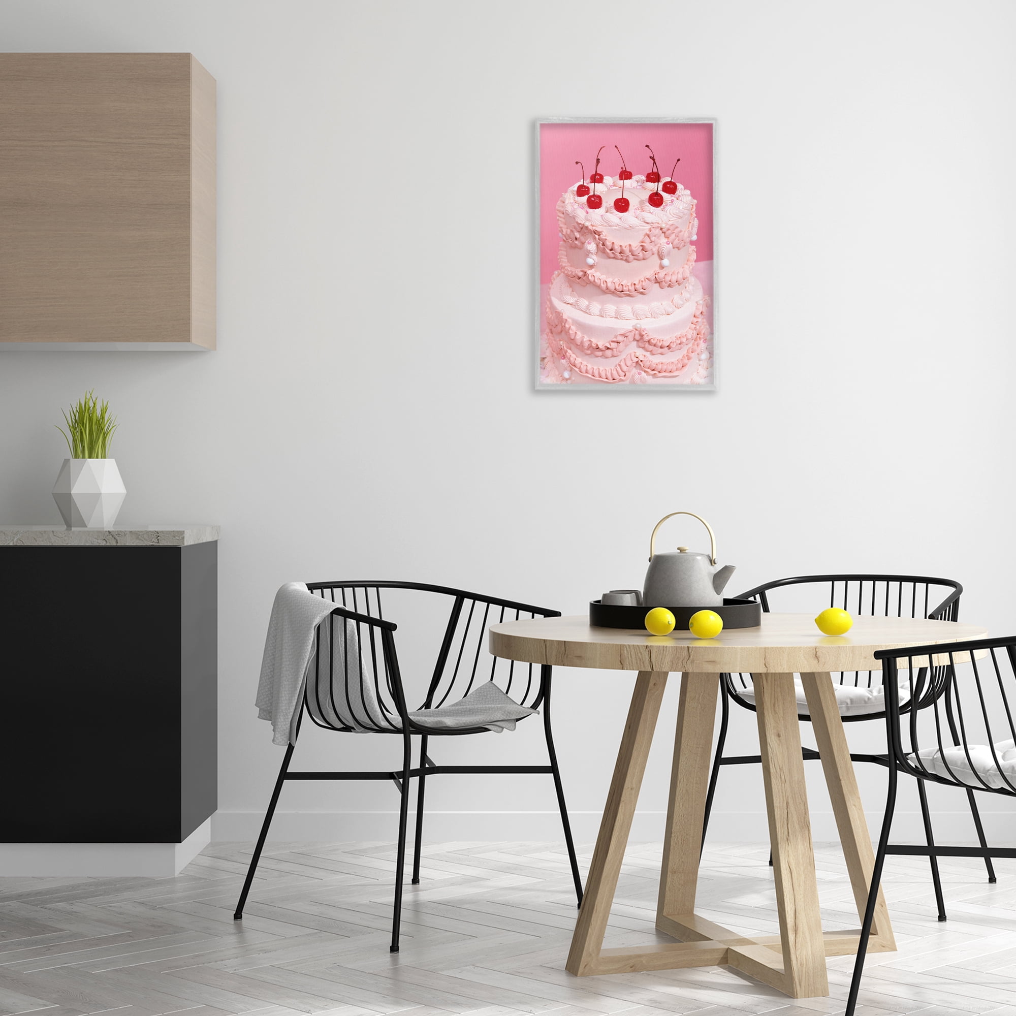 Stupell Industries Pink Cherries Cake Food & Beverage Painting Gray Framed Art Print Wall Art, 16 x 24