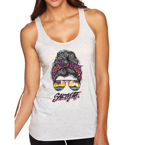 Wild Bobby, Messy Bun Salty AF | Cool Neon Leopard Print Bandana | Fashion Tri-Blend Racerback Sleeveless Top, Heather White, M