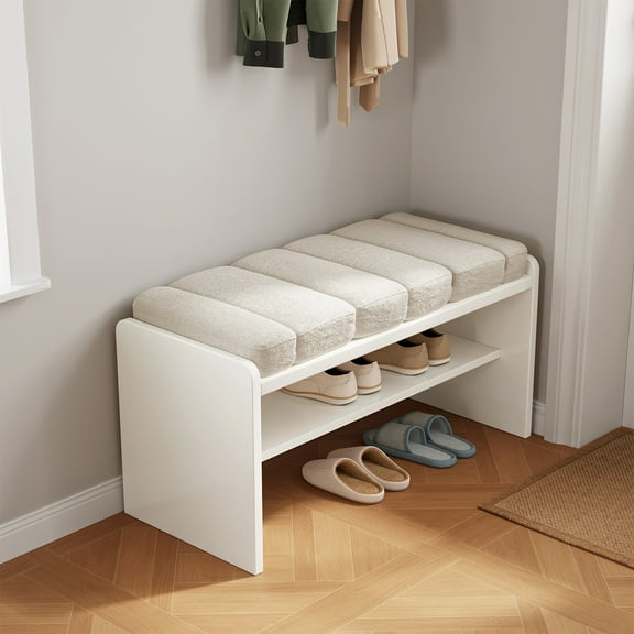 Guyii Shoe Bench with 2-Tier Shoe Rack, Entryway Bench with Soft Velvet-Like Cushion, Shoe Bench Organizer for Entryway, Entry, Living Room, Hallway, Beige