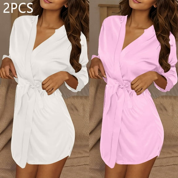 Voncos Women's 2 Piece Robe Set -Soft Stretchy Kimono Nightgown , V-Neck Self-Tie Loungewear Bridal Gifting, Lightweight Long Sleeve Sleepover Robe Pink S-M