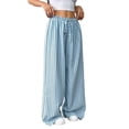 thumbnail image 2 of Women Drawstring Striped Pants Loose Wide Leg Trousers Casual Low Waist Pants Comfy Lounge Pants Blue & Blue Stripe S, 2 of 10
