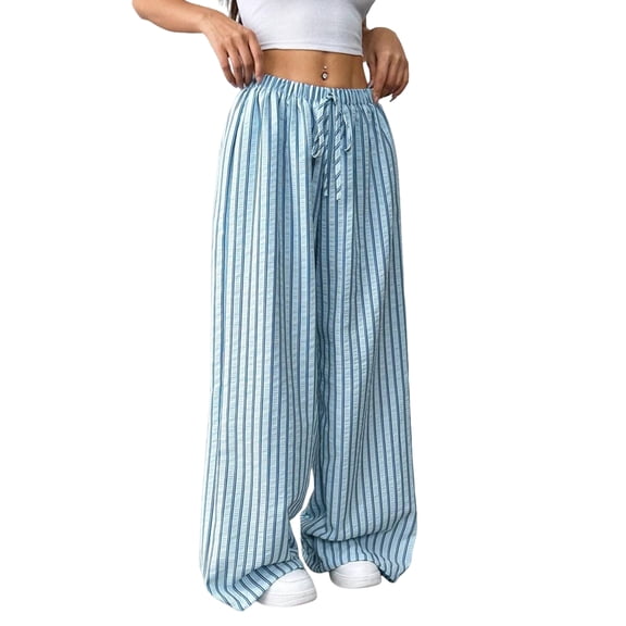 Women Drawstring Striped Pants Loose Wide Leg Trousers Casual Low Waist Pants Comfy Lounge Pants Blue & Blue Stripe L