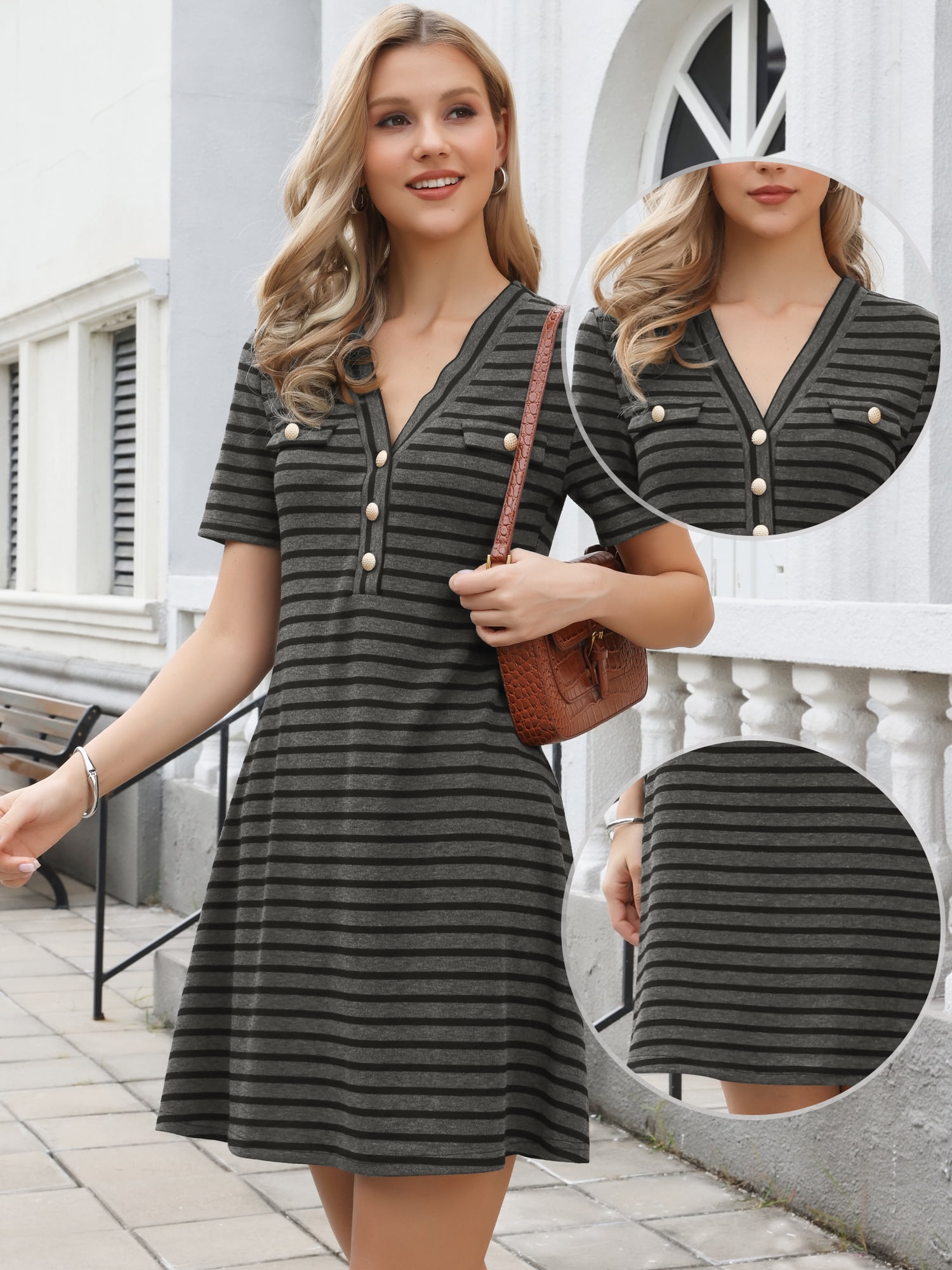 DARING DIVA Women's Short Sleeve V Neck A-Line Striped Knit Dress S Dark Gray