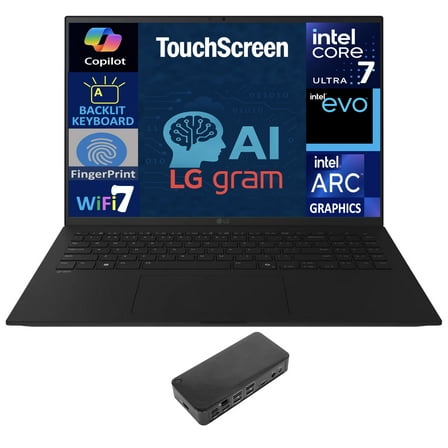 LG gram AI Powered Laptop 17.0in Touchscreen LCD WQXGA Display (Intel Ultra 7-258V, 32GB LPDDR5X, 1TB PCIe SSD, Intel Arc, Backlit KB, Fingerprint, 2 Thunderbolt 4, WiFi 7, Win 11 Pro) w/USB-C Dock