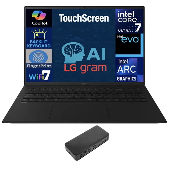 LG gram AI Powered Laptop 17.0in Touchscreen LCD WQXGA Display (Intel Ultra 7-258V, 32GB LPDDR5X, 2TB PCIe SSD, Intel Arc, Backlit KB, Fingerprint, 2 Thunderbolt 4, WiFi 7, Win 11 Pro) w/USB-C Dock