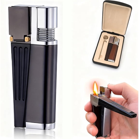 2-in-1 Retro Foldable Lighter with Leather Gift Box, Soft Flame, All-in-One Portable, Refillable Metal Folding Butane Lighter, Gift for Men and Women (Black-1pc)