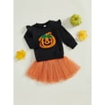 thumbnail image 5 of Toddler Kids Girls Halloween Skirt Clothing Sets 12 18 24 Months 2T 3T 4T 5T Long Sleeve Pumpkin/Letter Embroidery Pullover Tulle Skirt Outfits, 5 of 9