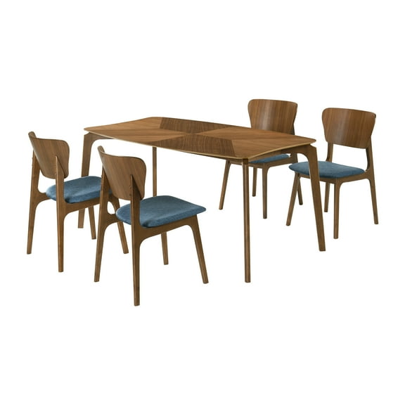 Kalia 5 Piece Wood Dining Set in Walnut Finish with Blue Fabric