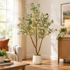 5ft Artificial Olive Tree with Lights Indoor Faux Plant in White Planter
