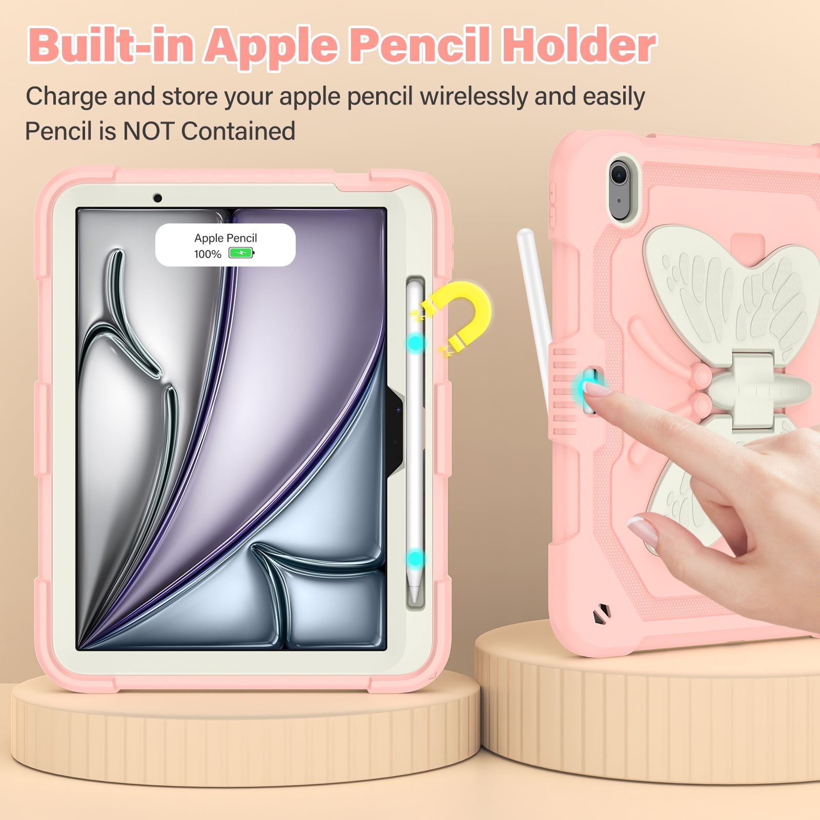 For iPad Air 11 M4 M3 M2 2026 2025 2024 Case, Cute Butterfly Design Heavy Duty Shockproof Shoulder Strap Pencil Holder Kickstand Bumper Kids Friendly Rugged Case for Apple iPad Air 11", Pink+Beige
